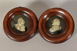 A PAIR OF CIRCULAR FRAMED SILVER PLATED PORTRAITS, 'Shakespeare' and an 18th Century Georgian