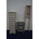 A TALL NARROW PAINTED CHEST OF TEN DRAWERS, width 41cm x depth 48cm x height 135cm, together with