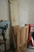 A QUANTITY OF VINTAGE STRIPPED PINE WINDOW SHUTTERS (some hinged together some not) height 121cm