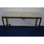 A REPRODUCTION HEAVY MARBLE TOPPED SIDE TABLE, on brassed frame, width 152cm x depth 46cm x height