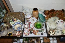 FOUR BOXES AND LOOSE CERAMICS, GLASS, LINEN etc, to include Paragon 'Rockingham' teaset, Carltonware