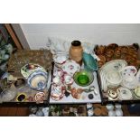 FOUR BOXES AND LOOSE CERAMICS, GLASS, LINEN etc, to include Paragon 'Rockingham' teaset, Carltonware