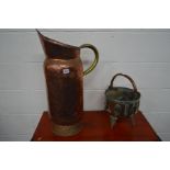 A TALL COPPER WATER JUG, with a brass handle, together with a brass copper bucket (2)