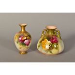 TWO SMALL ROYAL WORCESTER VASES, handpainted with roses on blush ground, the quarter lobed twin