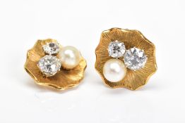 A PAIR OF CULTURED PEARL AND DIAMOND EARRINGS, organic design with textured line detail, clip