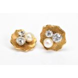 A PAIR OF CULTURED PEARL AND DIAMOND EARRINGS, organic design with textured line detail, clip