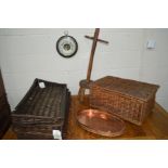 A CIRCULAR OAK BAROMETER, together with a pine dolly washer, copper oval tray, wicket baskets and