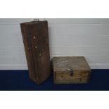 A VINTAGE WOODEN CRATE, with twin rope handles and a tin trunk (2)