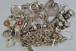 A SELECTION OF SILVER AND WHITE METAL JEWELLERY, to include an 1889 Victoria coin, a charm bracelet,