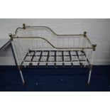 A VICTORIAN PAINTED WROUGHT IRON AND BRASS COT