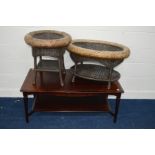 A PRIORY MAHOGANY COFFEE TABLE, with a spring top, together with two oval wicker occasional tables