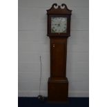 A GEORGE III OAK AND MAHOGANY BANDED 30 HOUR LONGCASE CLOCK, the hood with a swan neck pediment,