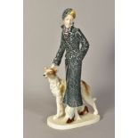 A GERMAN ART DECO STYLE PORCELAIN FIGURE GROUP, of a lady with Borzoi dog, impressed No.184I and