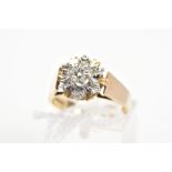 A 9CT GOLD DIAMOND CLUSTER RING, designed as a tiered cluster of single cut diamonds within illusion