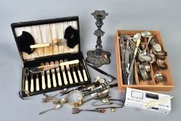 TWO BOXES OF MISCELLANEOUS ITEMS, to include silverware, a set of six decorative teaspoons