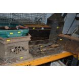 A DEED BOX, PLASTIC BOX AND METAL BOX containing a variety of hand tools, a rodent trap, cast iron