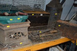 A DEED BOX, PLASTIC BOX AND METAL BOX containing a variety of hand tools, a rodent trap, cast iron