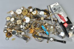 A BAG OF WATCHES AND WATCH PARTS, to include an Omega watch movement, an Accurist watch movement set