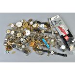 A BAG OF WATCHES AND WATCH PARTS, to include an Omega watch movement, an Accurist watch movement set