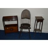 AN EDWARDIAN MAHOGANY BERGERE BACK CHAIR, together with an oak magazine stand and a plant stand (3)