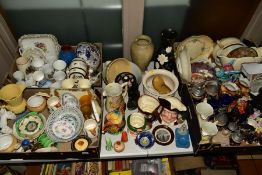 FOUR BOXES AND LOOSE CERAMICS, SUNDRY ITEMS, etc, to include Royal Doulton character jugs 'Mine