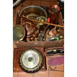 A BOX AND LOOSE BRASS AND COPPER, etc, to include copper kettle, funel, hunting horn, jug, brass