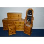 FIVE PIECES OF VARIOUS PINE BEDROOM FURNITURE, to include a sideboard/chest of six drawers, a pair