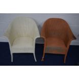 TWO LLOYD LOOM BEDROOM CHAIRS (painted in two colours) and a gold painted Lloyd loom stool (3)