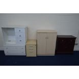 A MODERN BEECH TWO DOOR CABINET, together with a similar three drawer filing cabinet, mahogany