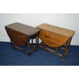 TWO OAK BARLEY TWIST GATE LEG TABLES, (2)