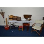 A QUANTITY OF OCCASIONAL FURNITURE, to include a folding directors chair, metal coat stand,