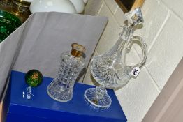 A BOXED VERITABLE CRISTAL TAILLE MAIN CLARET JUG, approximate height 42cm, together with silver