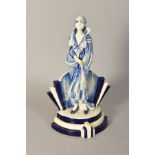AN ART DECO STYLE BLUE AND WHITE CERAMIC SCULPTURE BY PEGGY DAVIES, height 28cm