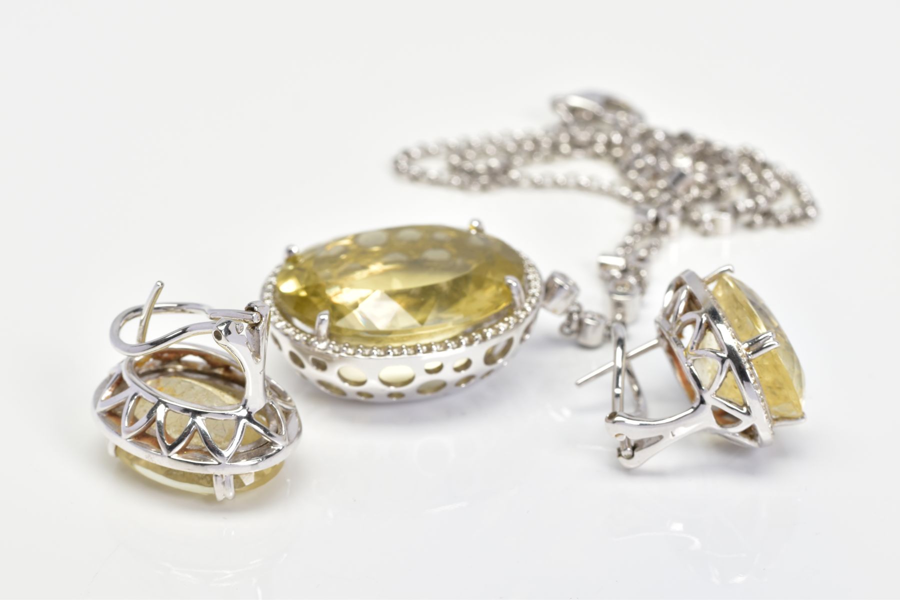 AN 18CT WHITE GOLD, CITRINE AND DIAMOND PENDANT AND MATCHING EARRINGS, the pendant designed as a - Image 4 of 5