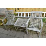 TWO SINGLE HARDWOOD GARDEN CHAIRS and matching occasional table (2)