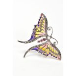 A PLIQUE-A-JOUR, GEM AND MARCASITE BUTTERFLY BROOCHJ/PENDANT, designed with red, yellow and purple