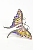A PLIQUE-A-JOUR, GEM AND MARCASITE BUTTERFLY BROOCHJ/PENDANT, designed with red, yellow and purple
