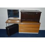 AN OAK LINENFOLD BLANKET CHEST, together with a low teak dressing table (2)