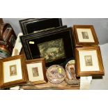 A BOX OF PRINTS etc, comprising four Le Blonde prints in gilt frames, approximate size 14cm x 12cm