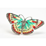 A PLIQUE-A-JOUR AND MARCASITE BUTTERFLY BROOCH/PENDANT, the green, yellow and red plique-a-jour