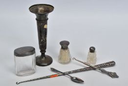 A SELECTION OF SILVERWARE, to include an early 20th Century silver posy vase of tapered form, with
