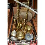 A BOX OF METALWARES, comprising three pairs of brass candlesticks, Pico Ware teapot, milk and