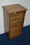 AN EARLY 20TH CENTURY OAK TAMBOUR FRONT CABINET, width 48cm x depth 40cm x height 91cm (no key)
