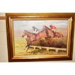 AN OIL ON CANVAS OF RACE HORSES JUMPING A FENCE, unsigned, framed, approximately 59cm x 89cm,