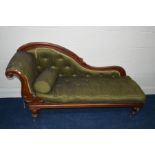 A VICTORIAN MAHOGANY CHAISE LONGUE with scrolled ends covered in green draylon upholstery, width