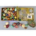 A SMALL SELECTION OF MAINLY BEADS, BUTTONS AND COINS, to incljude glass, ceramic and wooden beads,
