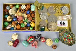 A SMALL SELECTION OF MAINLY BEADS, BUTTONS AND COINS, to incljude glass, ceramic and wooden beads,