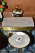 A THREE PIECE WHITE ENAMEL GERMAN 'EVANS' SMOKERS DESK SET, comprising ashtray, lighter and
