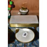 A THREE PIECE WHITE ENAMEL GERMAN 'EVANS' SMOKERS DESK SET, comprising ashtray, lighter and