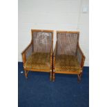 A PAIR OF OAK BERGERE ARMCHAIRS (sd to cane backs), together with an